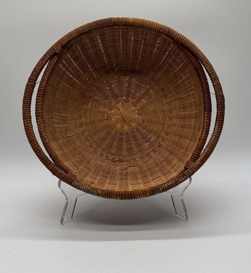 Vintage Handwoven Wicker Round Bowl Basket With Handles